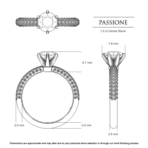 Passione Round Brilliant Engagement Ring in 18kt White Gold AU - Dimensions
