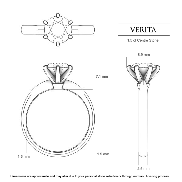 Verita Round Brilliant Engagement Ring in 18kt White Gold AU - Dimensions
