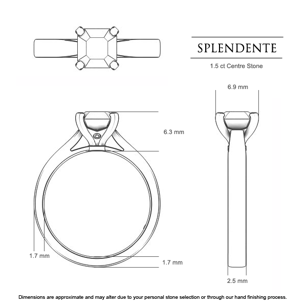 Splendente Asscher Diamond Ring in 18kt White Gold AU - Dimensions
