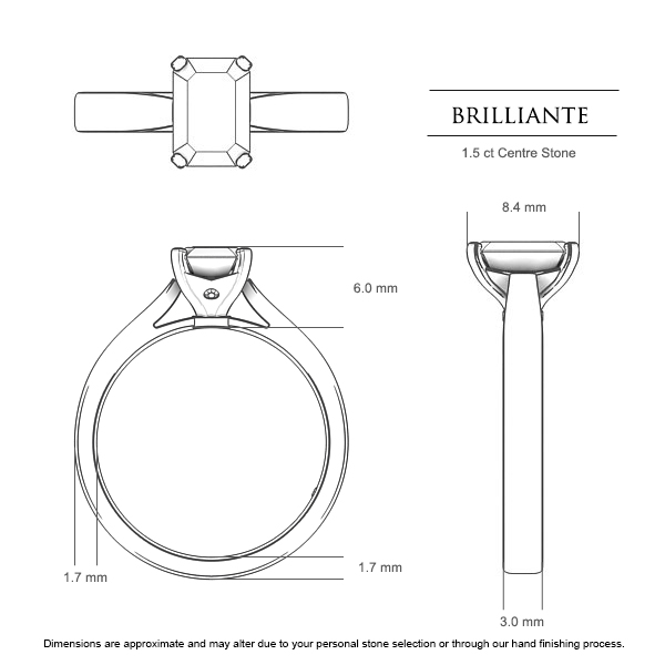 Brilliante Emerald Engagement Ring in 18kt White Gold AU - Dimensions