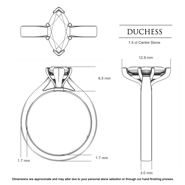 Duchess Marquise Engagement Ring in 18kt White Gold AU - Dimensions