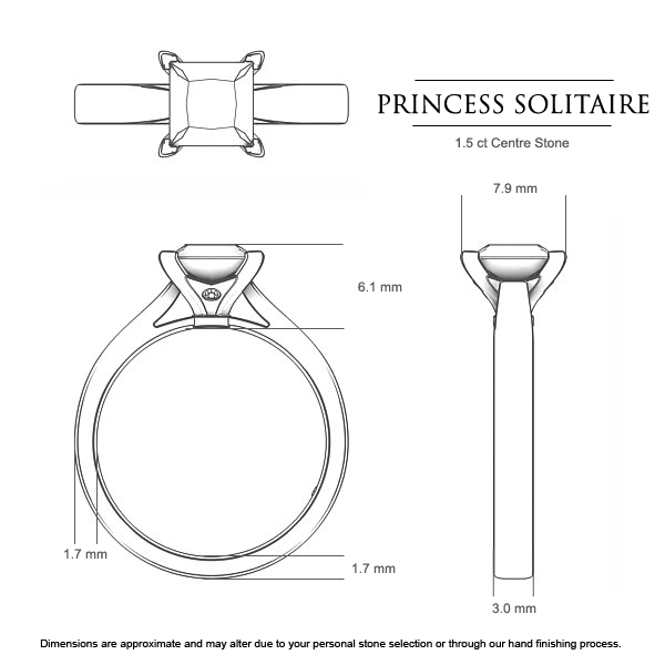 Princess Solitaire Princess Diamond Ring in Platinum 950 AU - Dimensions