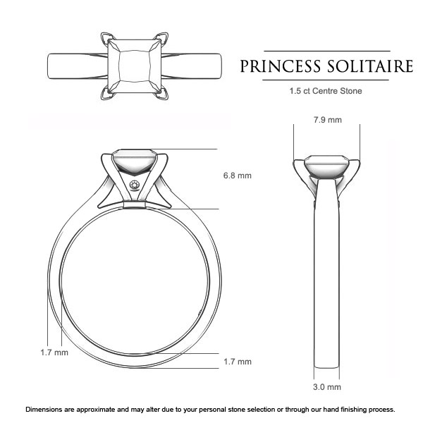 Princess Solitaire Princess Engagement Ring in 18kt Yellow Gold AU - Dimensions