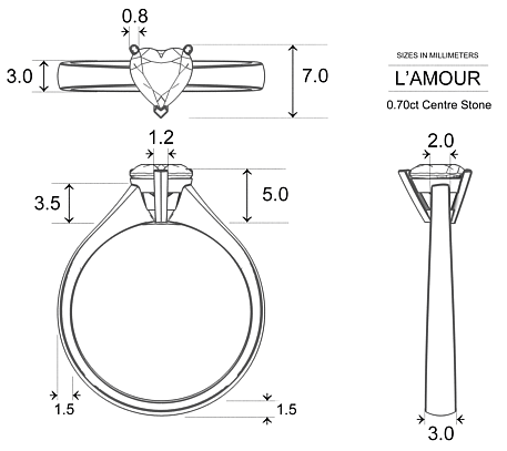 L`amour Heart Diamond Ring in Platinum 950 AU - Dimensions