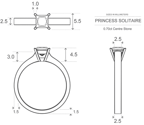 Princess Solitaire Princess Diamond Ring in Platinum 950 AU - Dimensions