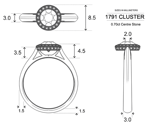 1791 Cluster Round Brilliant Diamond Ring in Platinum 950 AU - Dimensions