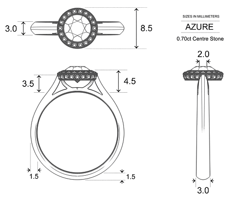 Azure Round Brilliant Diamond Ring in Platinum 950 AU - Dimensions