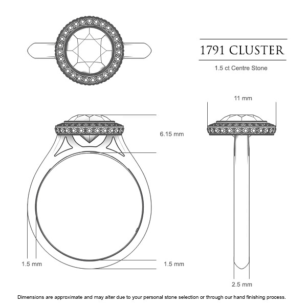 1791 Cluster Round Brilliant Engagement Ring in 18kt Yellow Gold AU - Dimensions