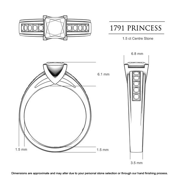 1791 Princess Princess Engagement Ring in 18kt White Gold AU - Dimensions
