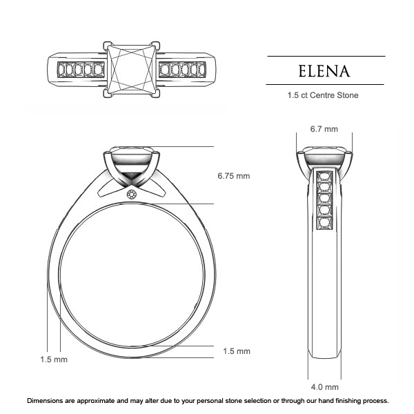 Elena Princess Engagement Ring in 18kt Yellow Gold AU - Dimensions