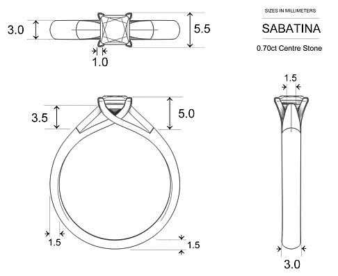 Sabatina Princess Diamond Ring in Platinum 950 AU - Dimensions
