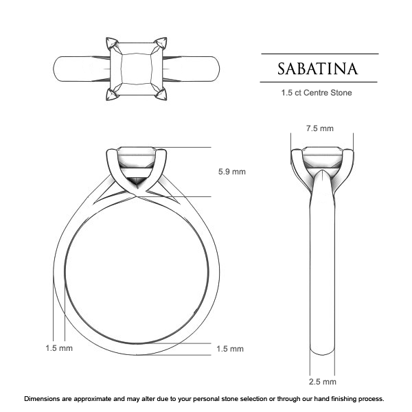 Sabatina Princess Engagement Ring in 18kt Yellow Gold AU - Dimensions