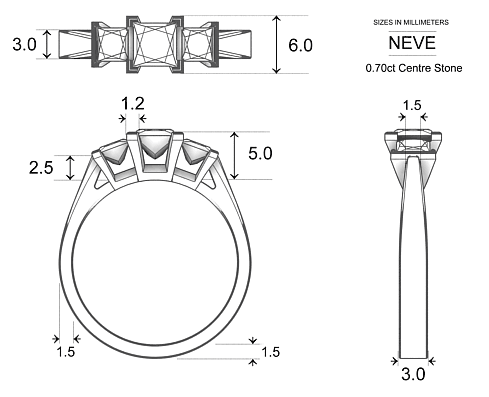 Neve Princess Diamond Ring in Platinum 950 AU - Dimensions