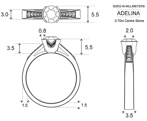 Adelina Round Brilliant Diamond Ring in Platinum 950 AU - Dimensions