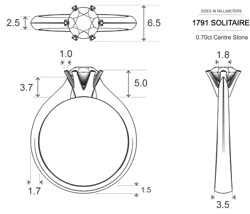 1791 Solitaire Round Brilliant Diamond Ring in Platinum 950 AU - Dimensions