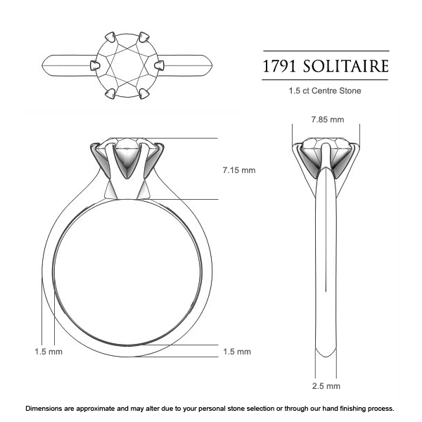 1791 Solitaire Round Brilliant Engagement Ring in 18kt Yellow Gold AU - Dimensions