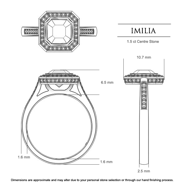 Imilia Asscher Diamond Ring in 18kt White Gold AU - Dimensions