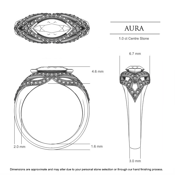 Aura Marquise Diamond Ring in 18kt Yellow Gold AU - Dimensions