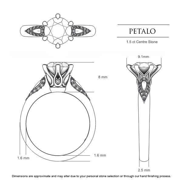 Petalo Round Brilliant Diamond Ring in 18kt White Gold AU - Dimensions