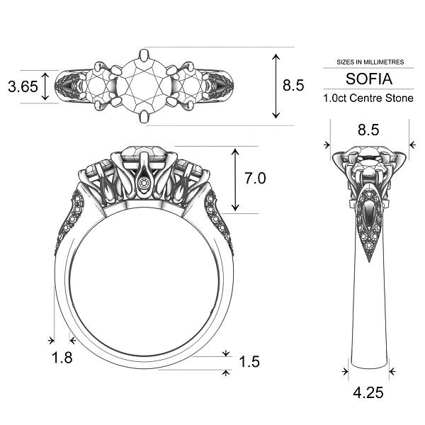Sofia Round Brilliant Diamond Ring in Platinum 950 AU - Dimensions